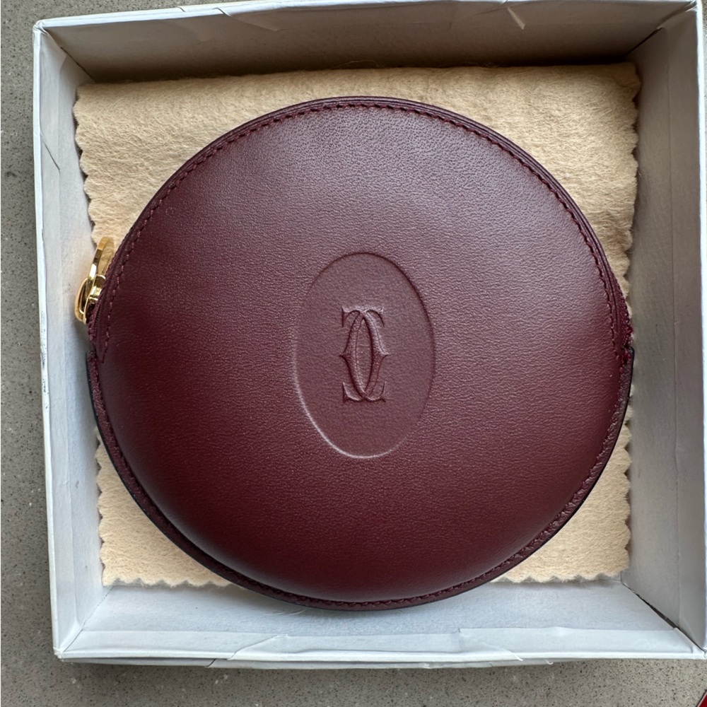 Cartier Burgundy Leather Round Coin Pouch w Gold-Tone Zipper w Card, Cloth & Box